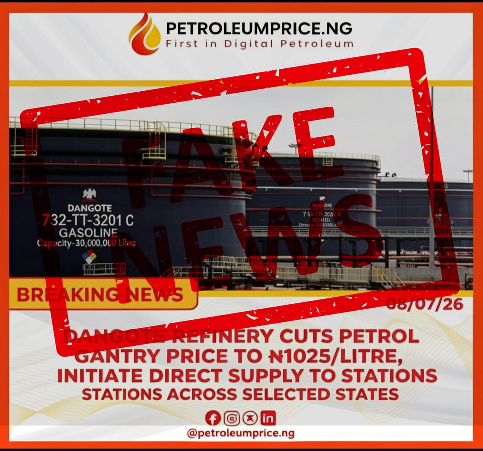 Dangote Petrol Price Remains ₦1075/L, Petroleumprice.ng Vows to Take Legal Action Against Fabricators